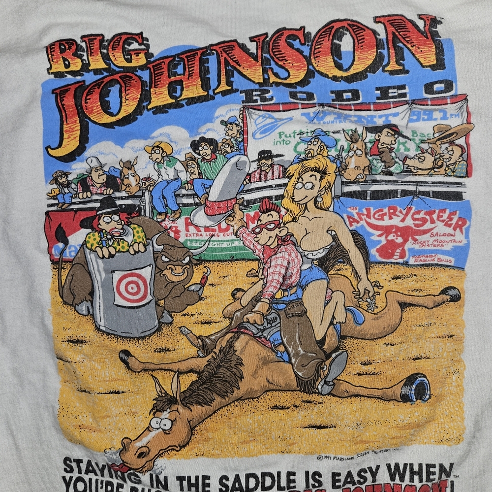 Vintage 90s Big Johnson Rodeo Crude Humor Shirt XL Oneita Single Stitch White